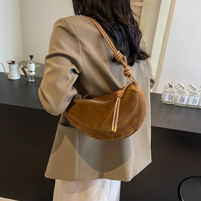 Faux suede shoulder bag for women, brown dumpling crossbody with knotted strap