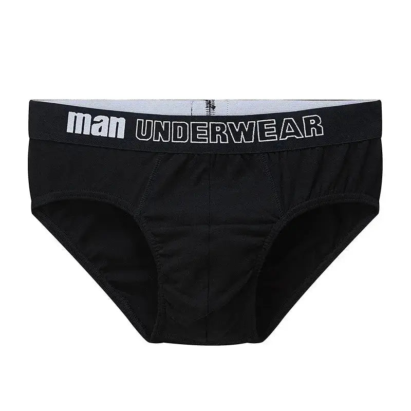 Men's black cotton briefs with grey elastic waistband reading man UNDERWEAR.