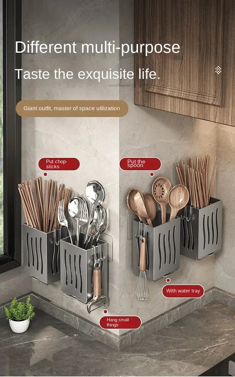 Simples Market wall-mounted chopsticks and utensil storage boxes with drainage baskets (3-pack) in gray metal