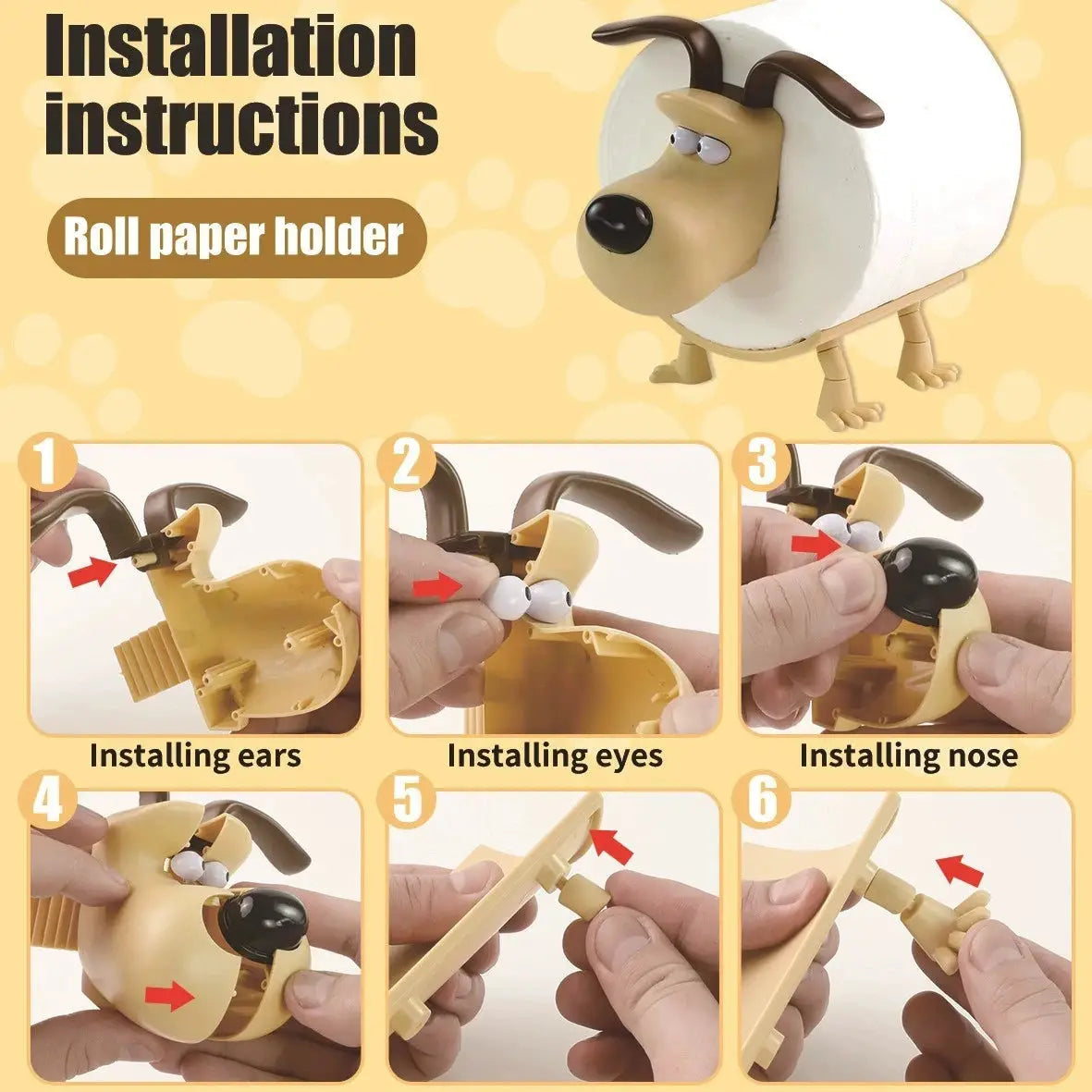Fun Dog Toilet Paper Holder by Simples Market; beige dog-shaped bathroom decor with roll storage and install guide.