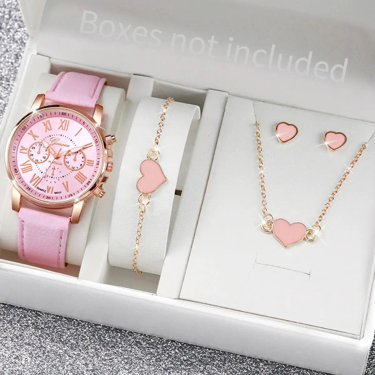 AuroraTime Womens Quartz Watch Leather Band Jewelry Set Heart Rhinestones Accent Analog Roman Numerals