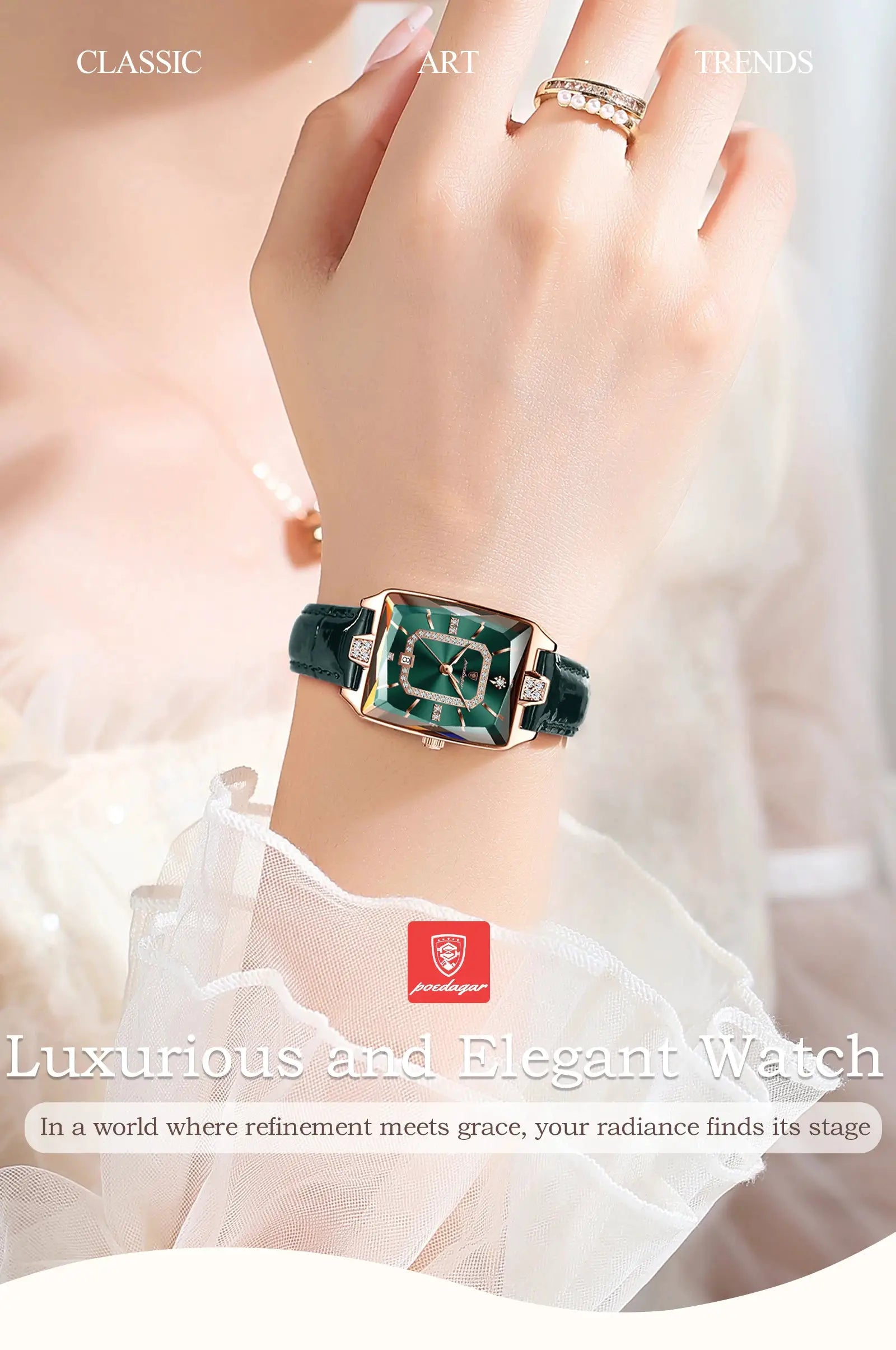 Poedagar luxury women's wristwatch with green square dial, crystal accents, gold-tone case and leather strap, waterproof