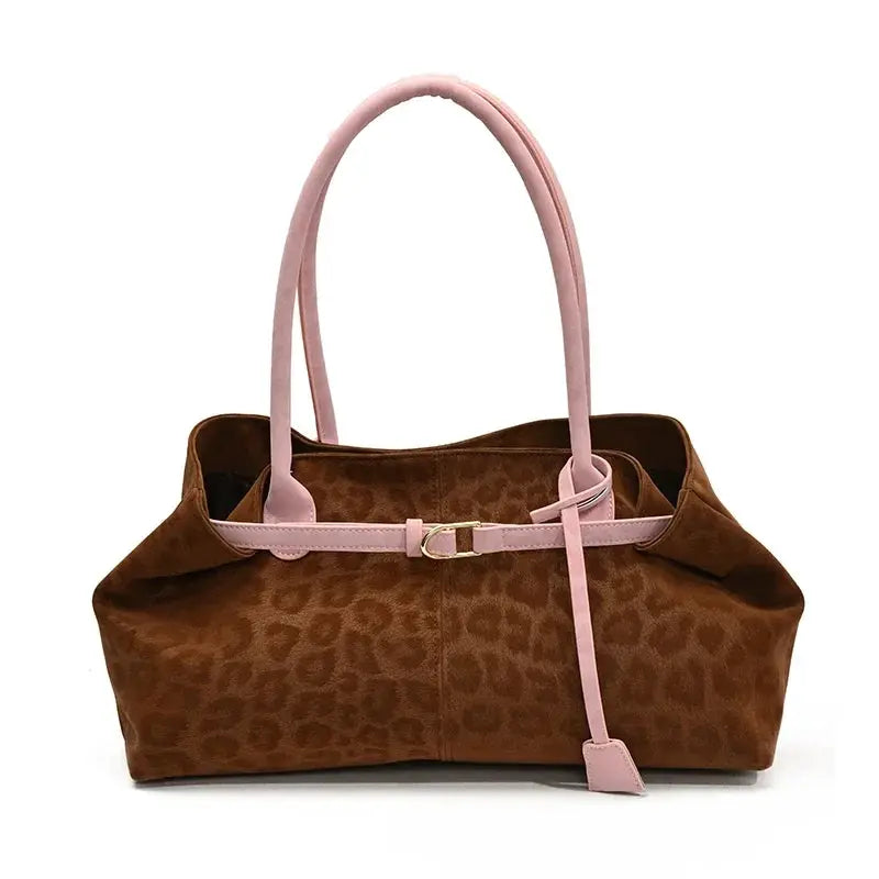 Leopard print PU leather shoulder bag with pink handles and crossbody strap