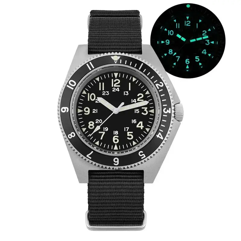 Watchdives WD1972 quartz watch with black dial, luminous hands, stainless steel case, black NATO strap