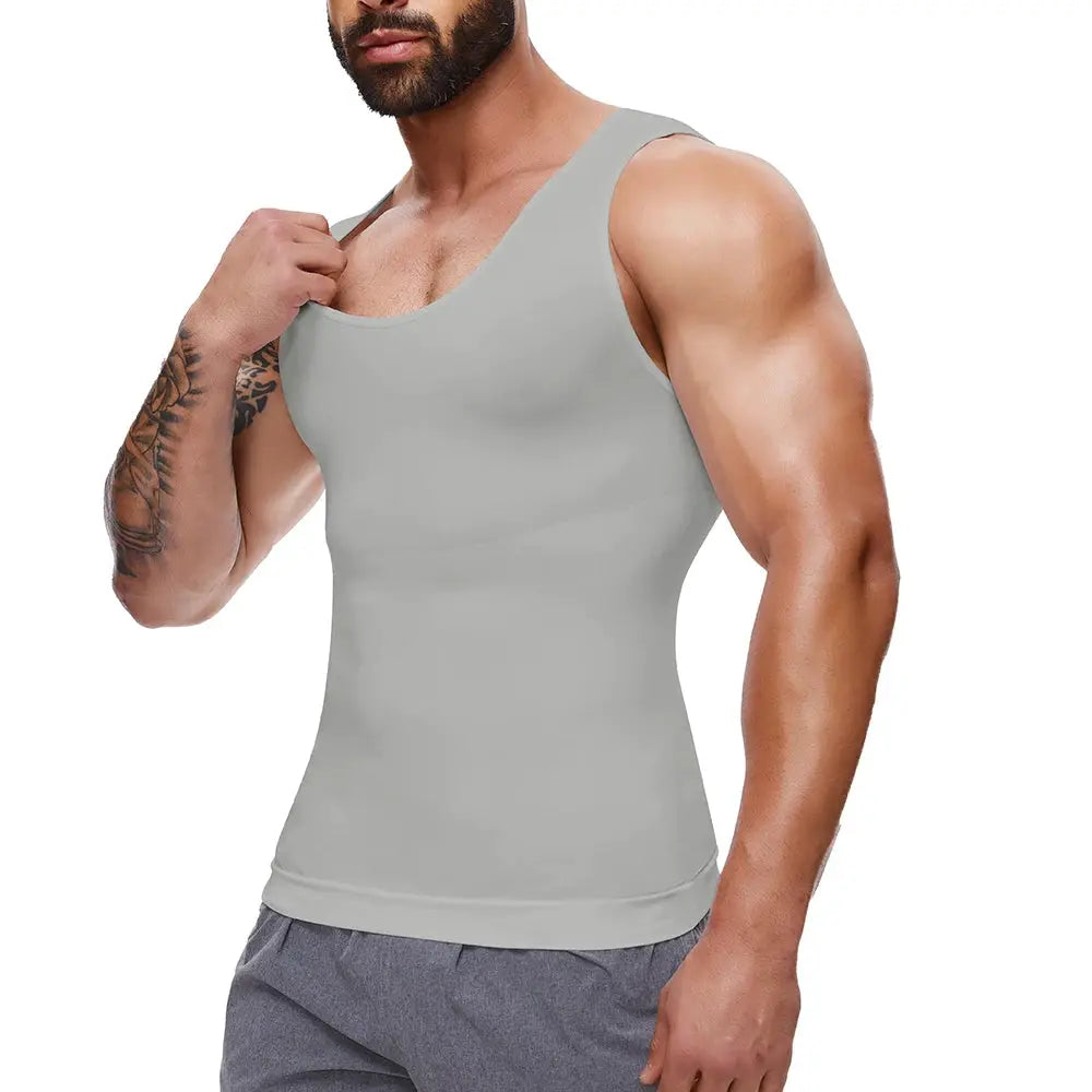Men's gray compression shapewear tank top for tummy control; sleeveless body shaper
