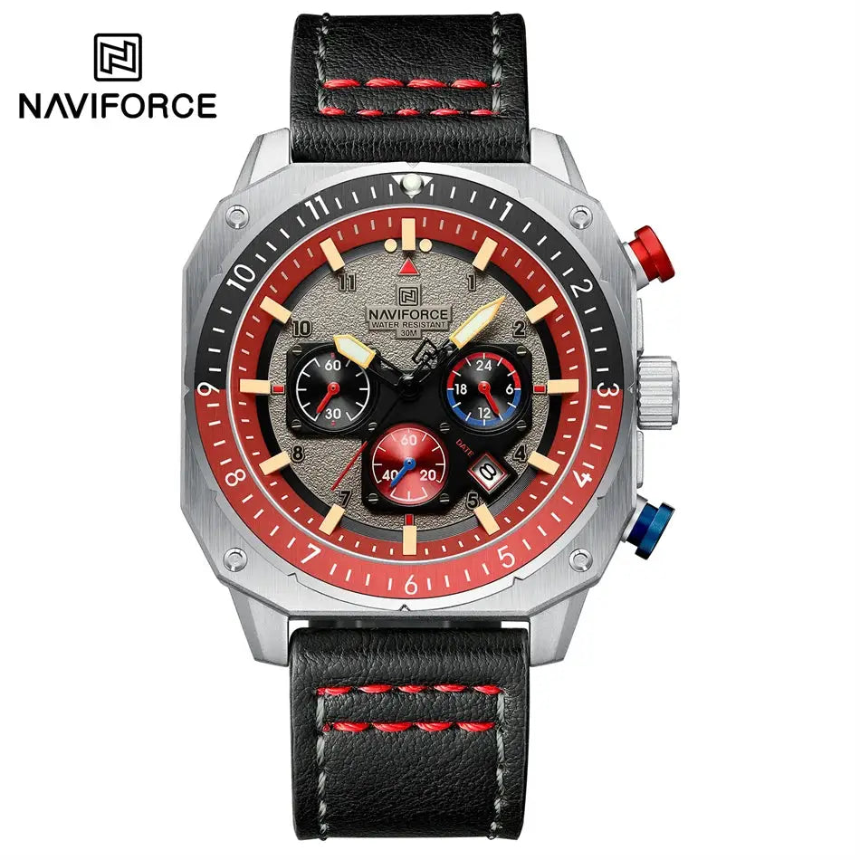 Naviforce men's multifunction sport watch with black leather strap, red stitching, red bezel, 30m water resistant