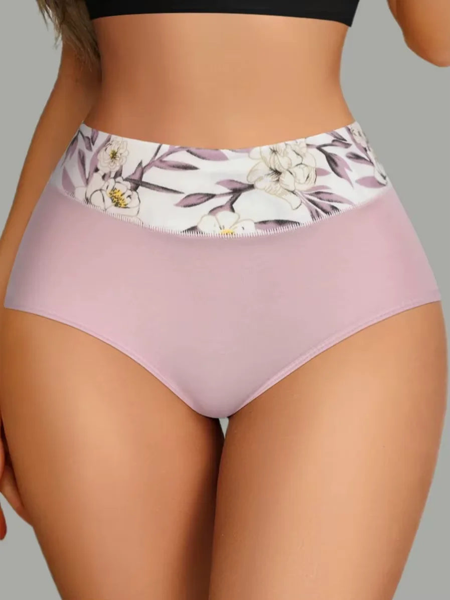 Simples Market 6-pack women's high-waist cotton briefs with floral waistband, pink, tummy-control shaping underwear