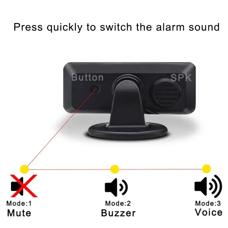 8 Parktronic parking sensor controller in black with stand, showing mute, buzzer and voice modes.