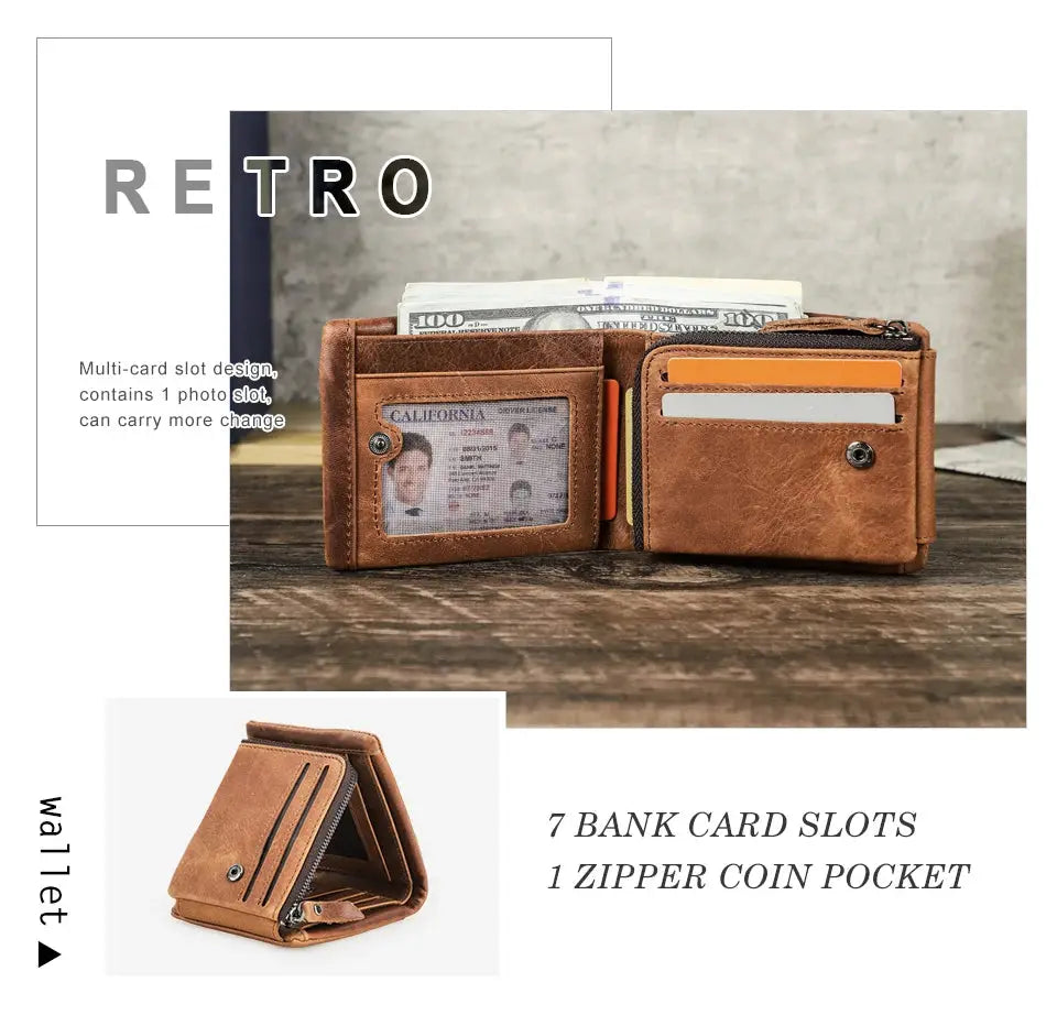 CONTACT'S Genuine Crazy Horse leather men's wallet in brown with 7 card slots and zip coin pocket, Simples Market