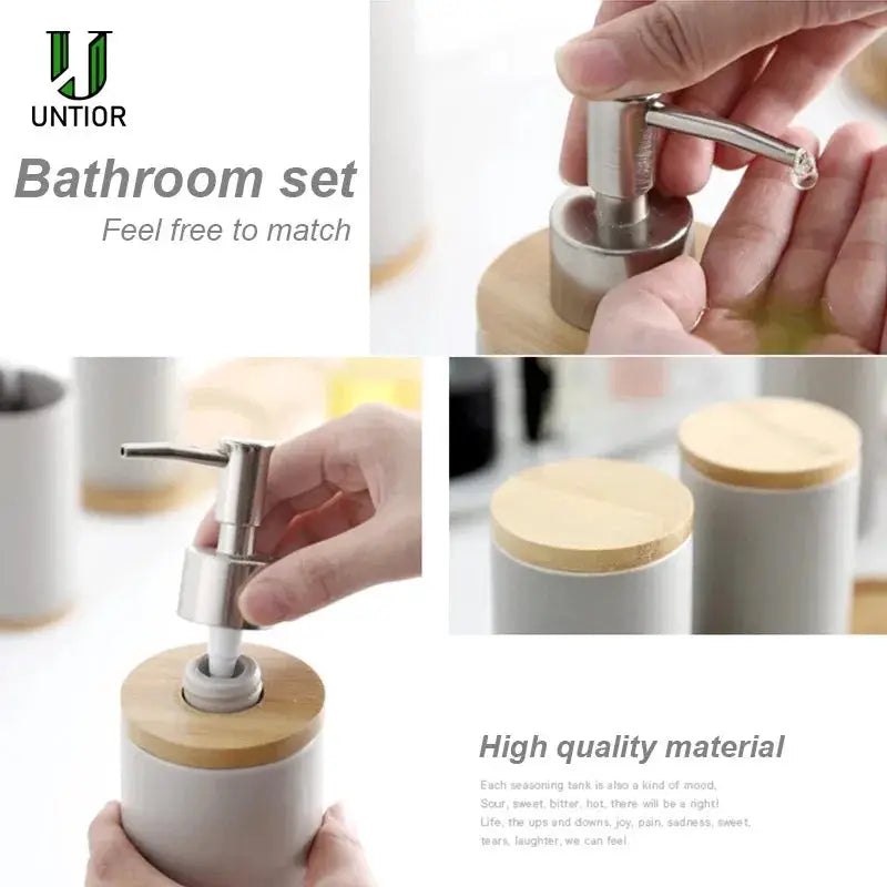 UNTIOR three-piece ceramic bathroom set with soap dispenser, toothbrush holder and tumbler, gray with wooden lids.