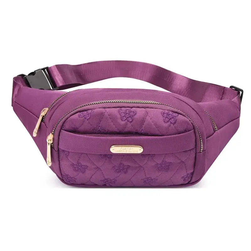 Simples Market purple Oxford cloth waist bag, waterproof belt fanny pack with gold zippers.