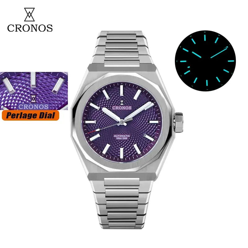 Cronos New Rhombus Perlage 39mm automatic watch with purple perlage dial and stainless steel bracelet