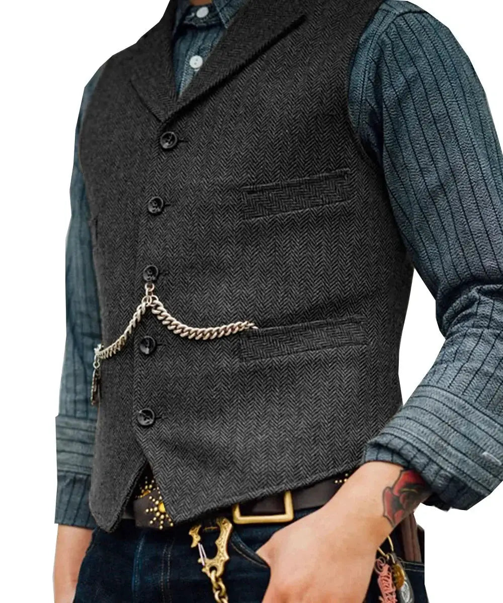 Simples Market gray wool tweed men's vest waistcoat with button front worn over blue striped shirt