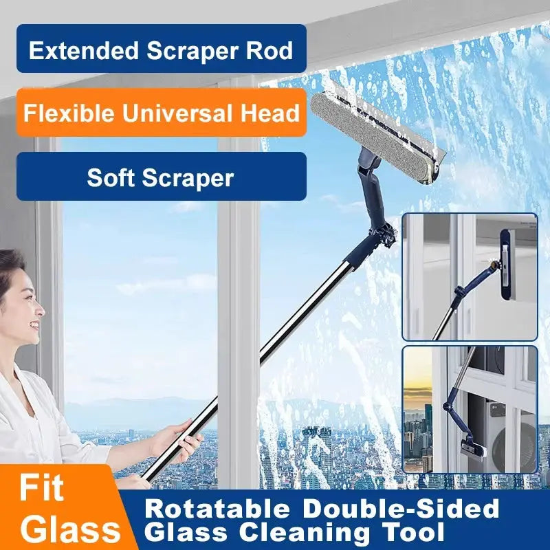Glass cleaning tool with squeegee and small brush; telescopic, double-sided, blue handle by Simples Market