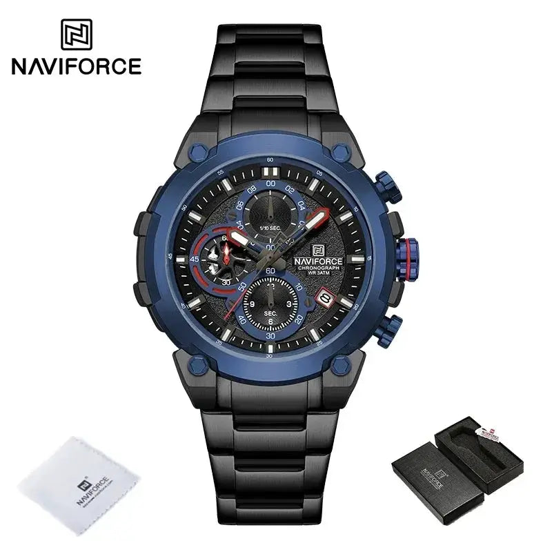 Naviforce men's military chronograph watch with blue bezel and black metal bracelet