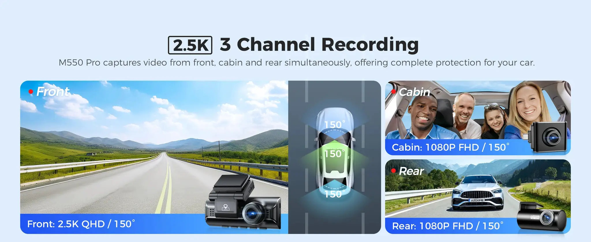 AZDOME M550 Pro black dash cam with front, cabin and rear views; 2.5K 3-channel recording.
