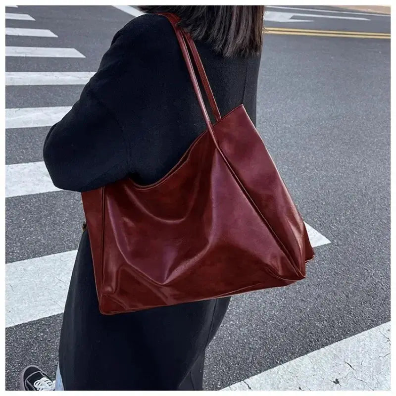 Women tote bag in burgundy PU leather with long shoulder straps; large capacity, Simples Market