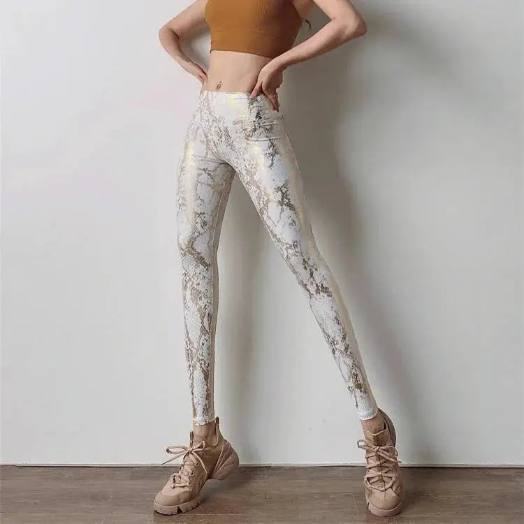 Simples Market cream snake-print high-waist yoga pants for women; stretchy skinny fitness leggings
