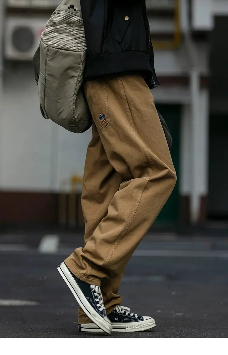 Simples Market cargo pants for men, tan baggy straight-leg trousers with cargo pockets