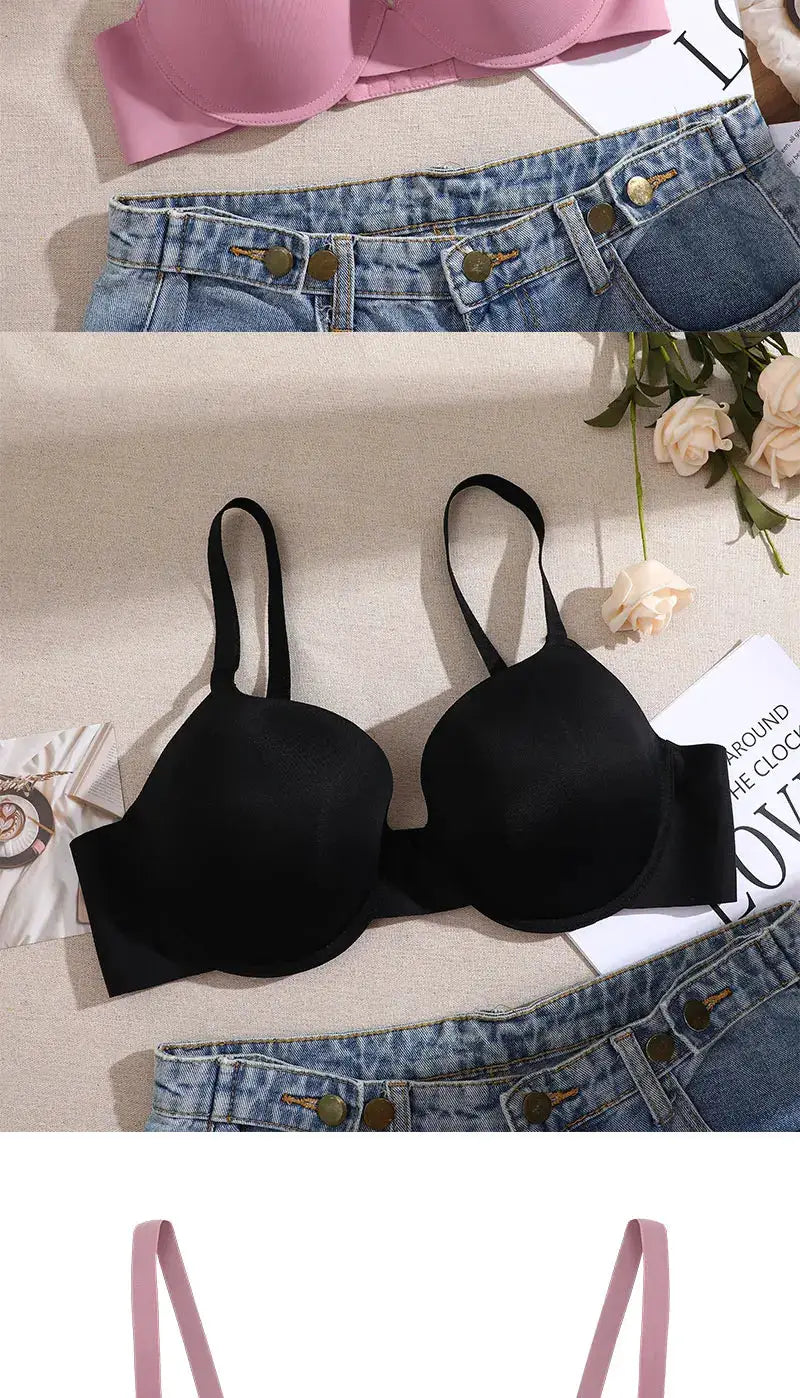 Simples Market 2-pack push-up wireless bras in pink and black, adjustable, shockproof anti-sagging deep-V for women.