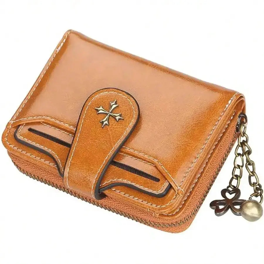 Simples Market Women’s Retro mini leather wallet, tan brown, double-fold with zipper and chain charm