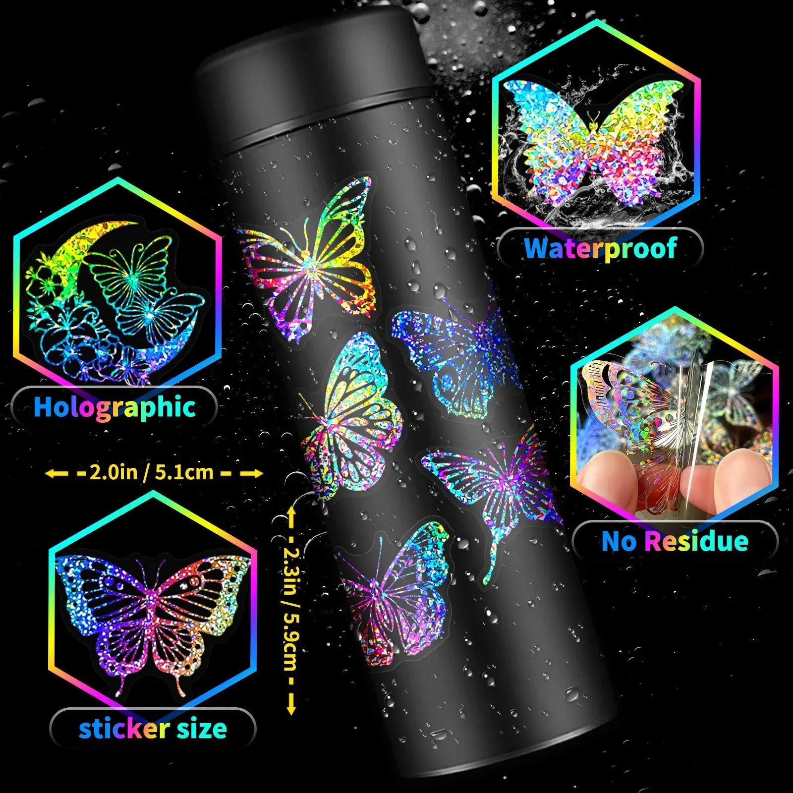 100 Pack Transparent Butterfly Laser Stickers Holographic PET For Laptop Water Bottles And Helmet Creative Retro Design
