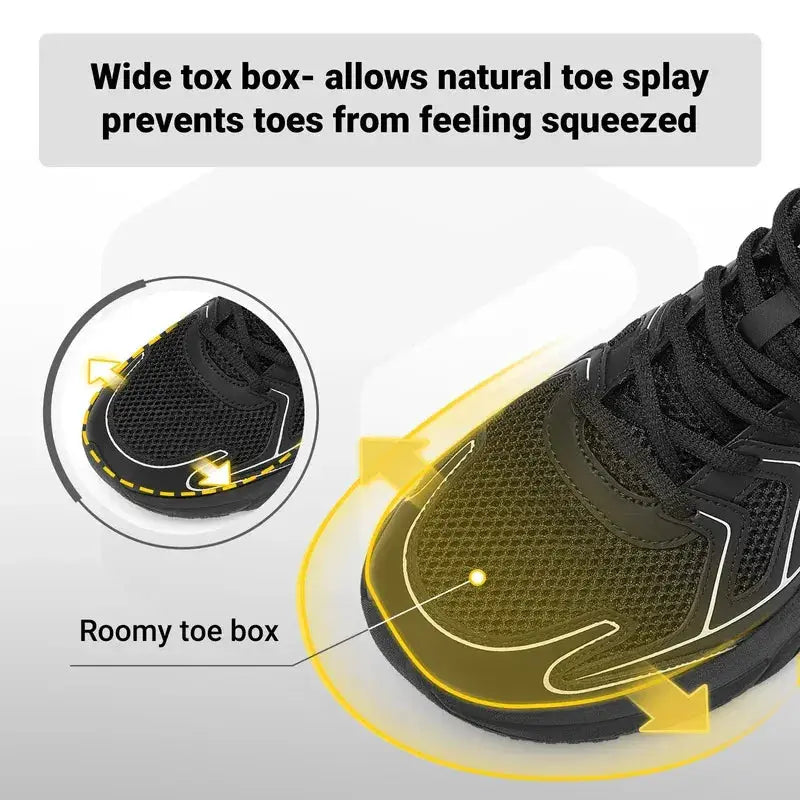 Fitville men's walking shoes with wide toe box, black mesh upper and yellow accents