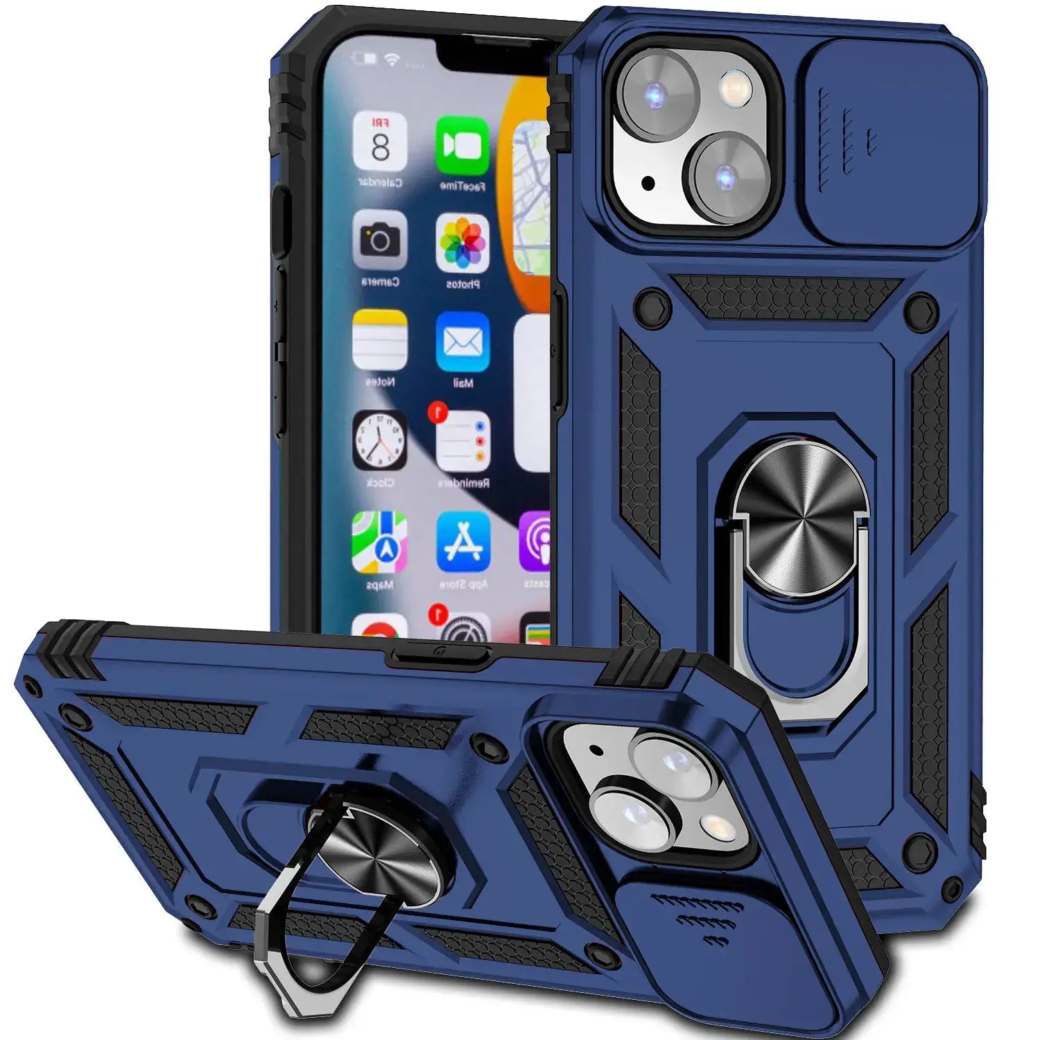 Armor shockproof magnetic ring stand case in blue by Simples Market for iPhone 15–14 series