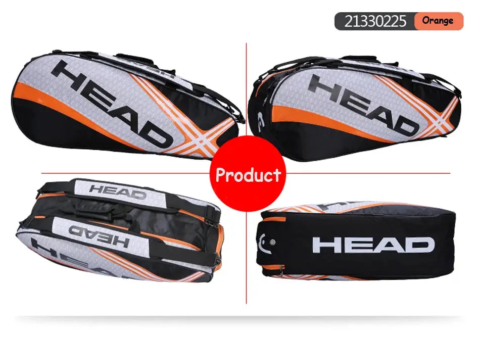 HEAD tennis racket backpack in orange/grey, large capacity for 3–6 racquets with separate shoes compartment