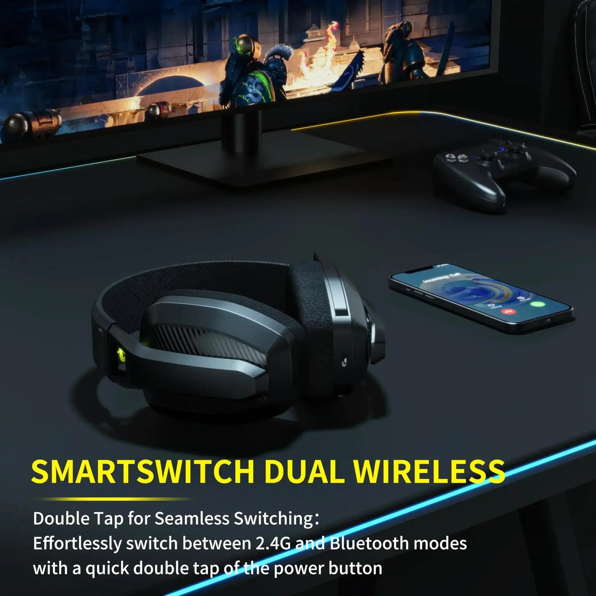 BINNUNE BW06 wireless gaming headset with mic, black finish, on desk beside controller