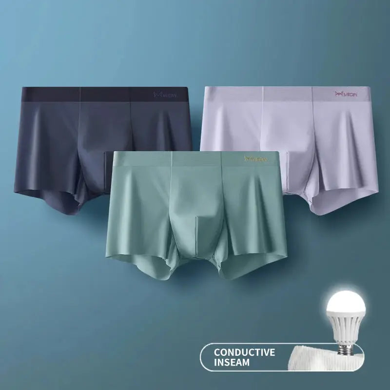 MIIOW 3Pcs Ice Silk antistatic metal-fiber men’s boxer briefs with seamless cut hem in navy, mint, lavender