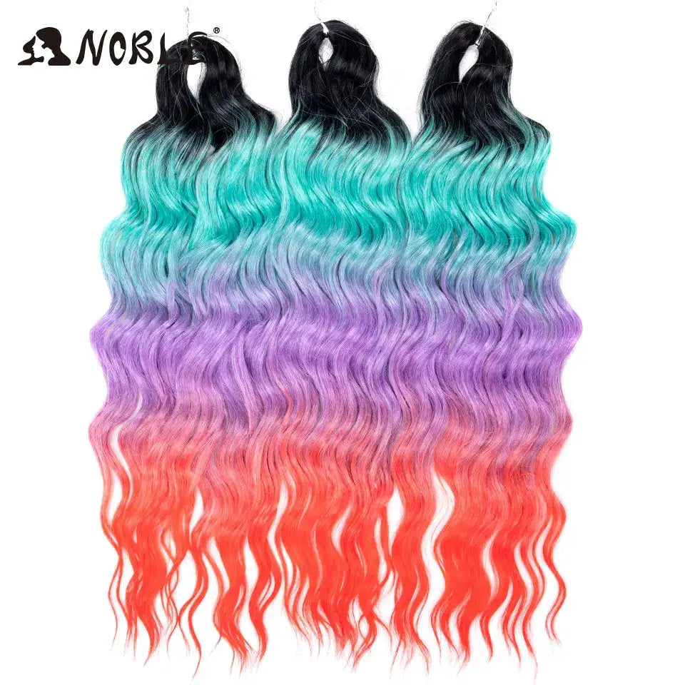 Noble Hair 3-pack synthetic loose deep-wave braiding extensions, ombre black to teal to purple to pink-red