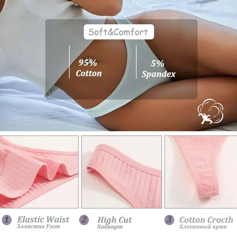 Simples Market 7-piece women’s cotton ribbed G-string thong set; four pink and white low-waist panties on display