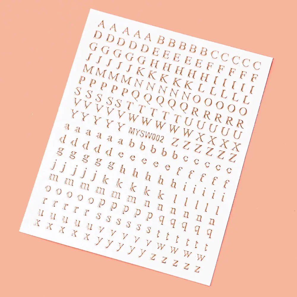1 sheet of metallic gold 3D alphabet nail stickers with 26 letters A-Z, self-adhesive manicure decals, 8x10 cm
