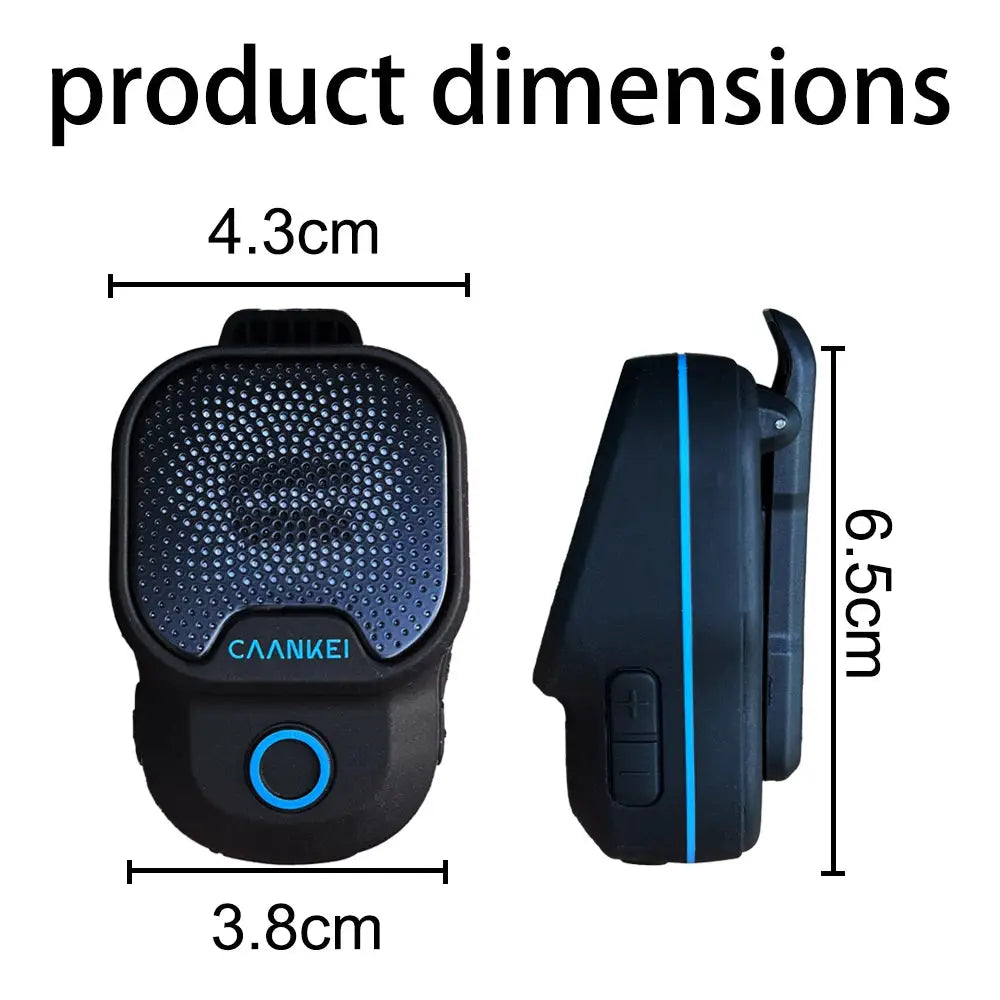 Wearable Bluetooth speaker by Simples Market, black with blue trim, IPX7 waterproof clip-on speaker with mic