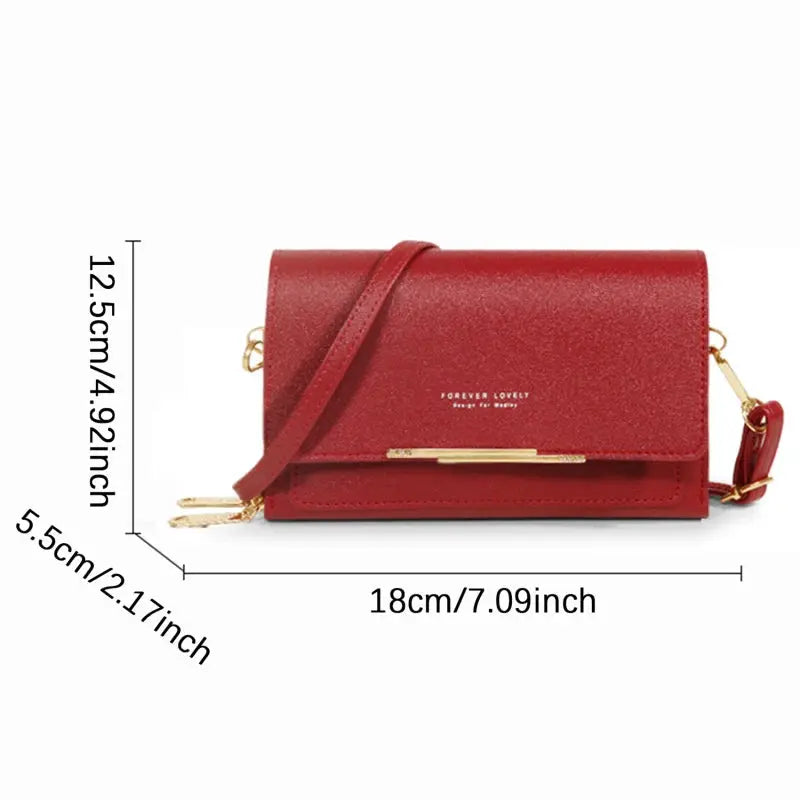 Red women's wallet crossbody bag with strap and gold hardware, Forever Lovely logo, 18cm wide