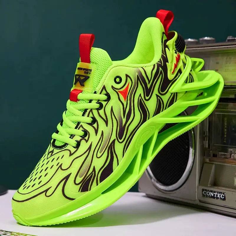 Men's neon green running sneakers by Simples Market with black flame graphics and lime sole