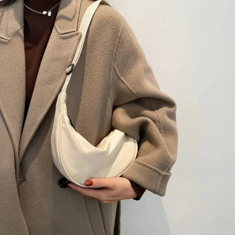 Cream nylon dumpling bag, small lightweight crossbody shoulder bag