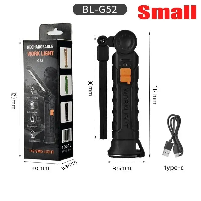 LuminaForge USB Rechargeable COB LED Flashlight Work Light with Magnetic Hook and 360 Degree Rotation
