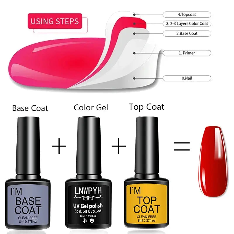 Gel nail polish kit with three bottles: base coat, color gel, and top coat