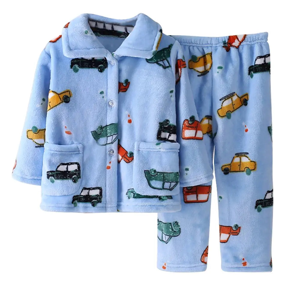 Cute Cartoon Pattern Coral Fleece Flannel Pajama Sets For Boys And Girls Long Sleeve Warm Comfortable Winter Sleepwear