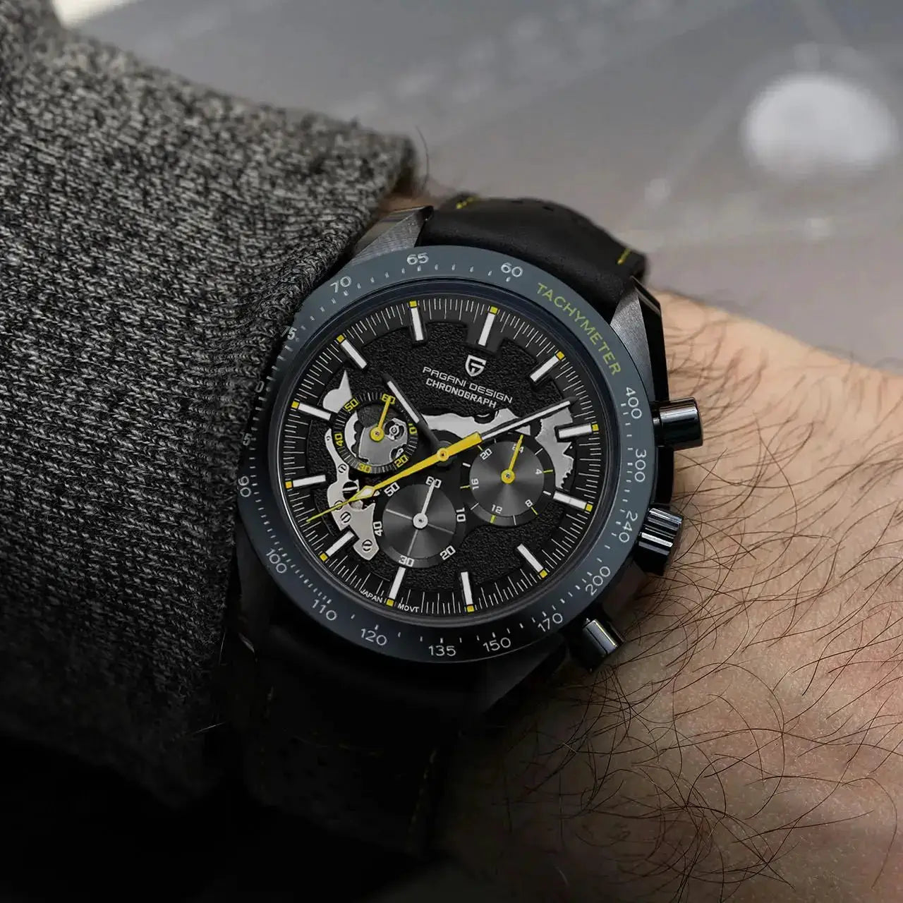 Pagani Design Moon Dark men's skeleton chronograph watch with AR sapphire glass, tachymeter bezel, black strap.