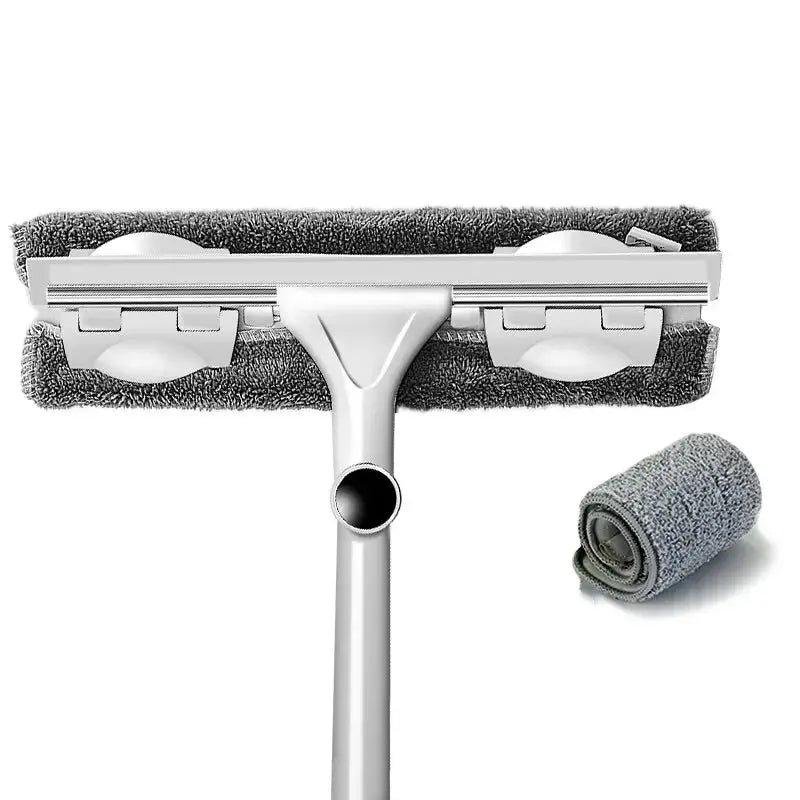 Telescopic window cleaning mop with long handle and microfiber head, includes replacement pad