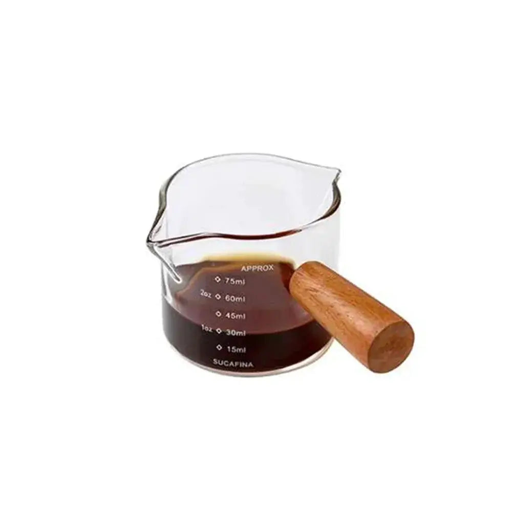 Glass Measuring Cup With Wood Handle For Espresso And Milk Coffee
