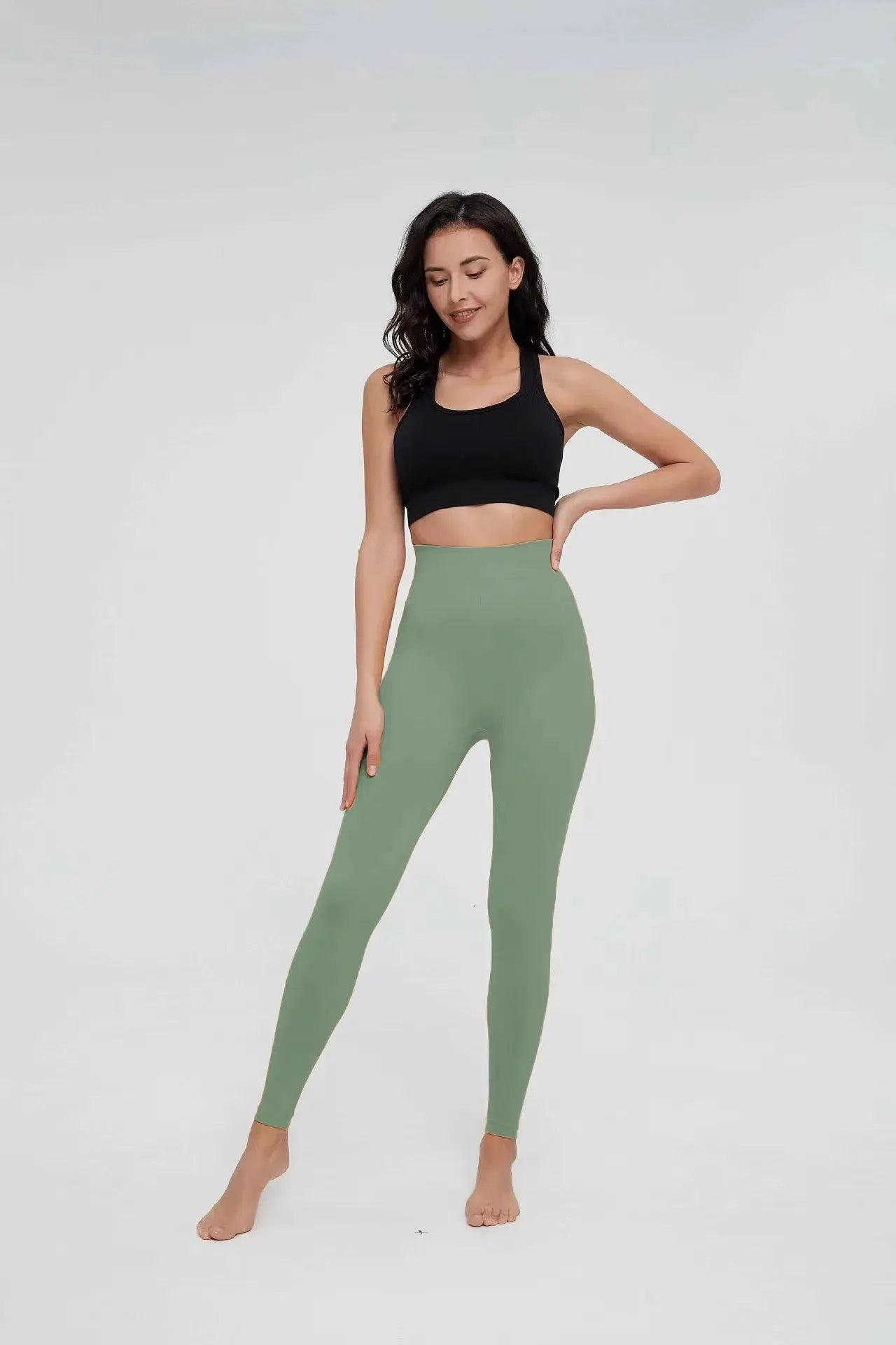 Leggings, seamless knitted, high-waist women’s gym pants in sage green for workouts
