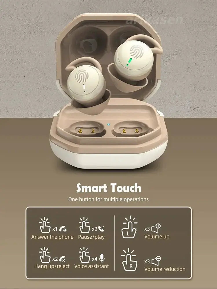 Beige Bluetooth wireless earbuds in a charging case (2 earbuds)