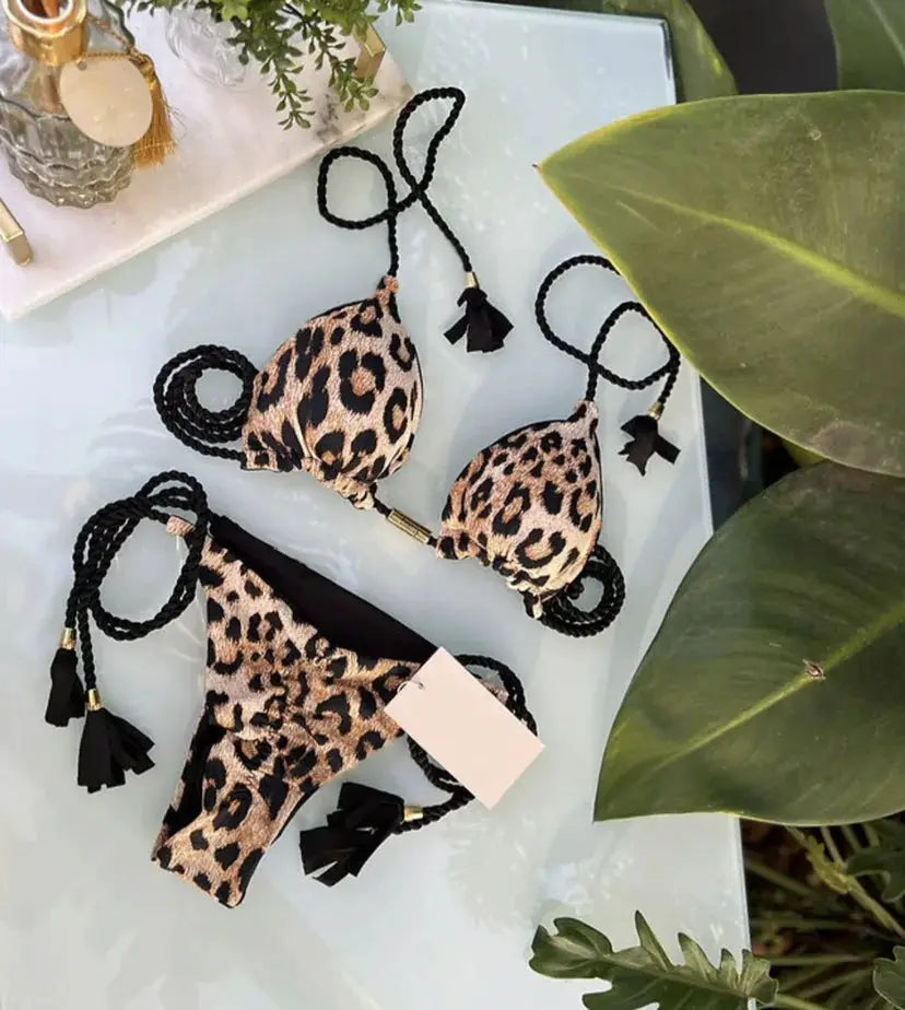 Simples Market leopard-print bikini set with rope-tie triangle top and tie-side bottoms