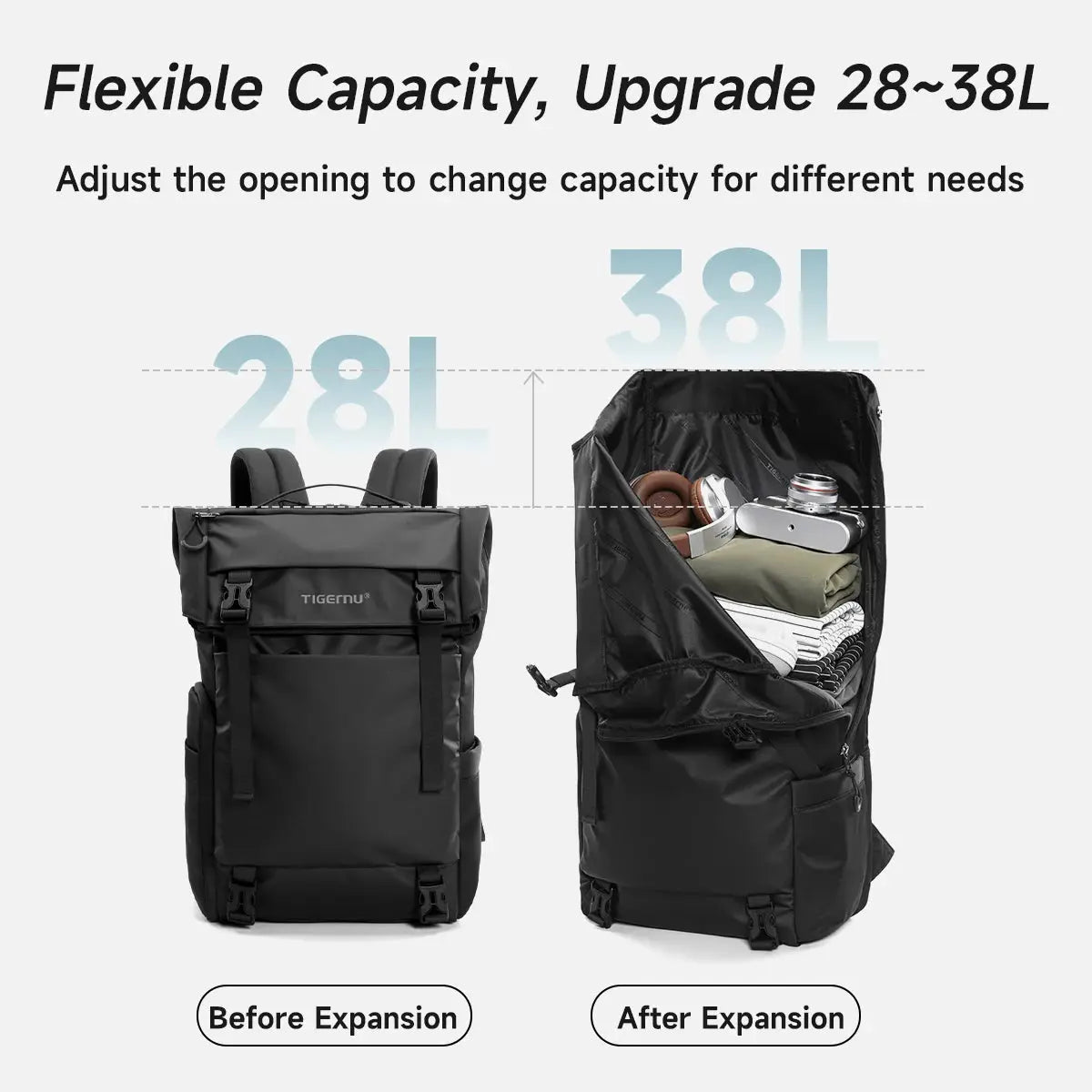 Tigernu travel backpack, black TPU waterproof, expandable from 28–38L.