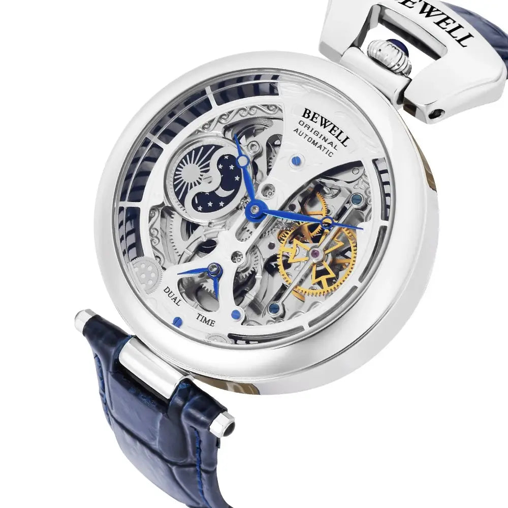 Automatic skeleton watch by Bewell with blue hands and blue leather strap