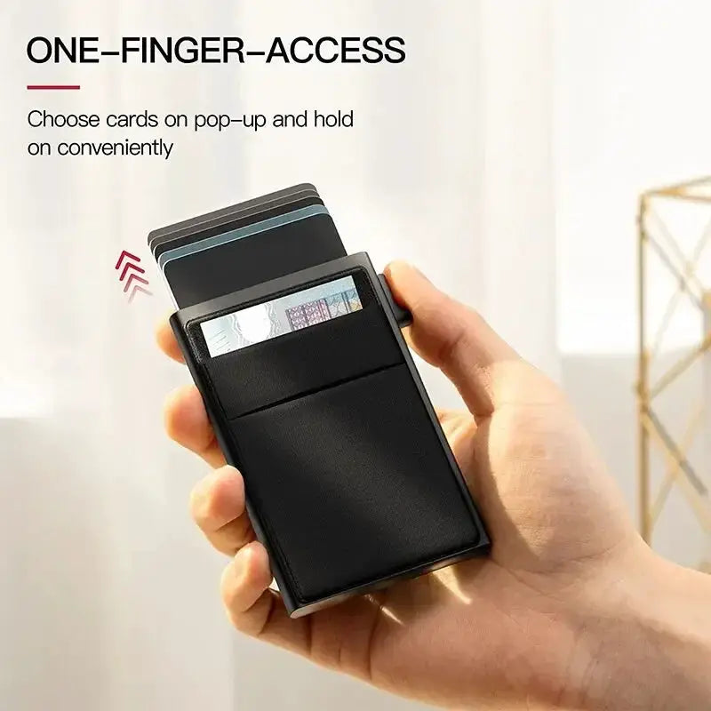 Black RFID card holder for men, slim metal minimalist wallet with pop-up card access